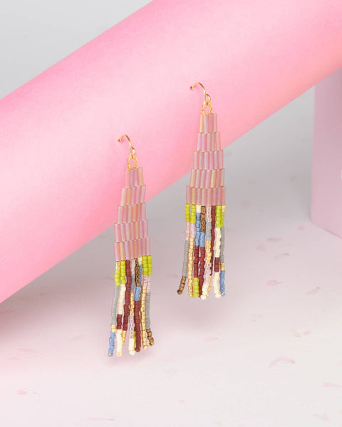 Beaded Handwoven Abstract Fringe Earrings (Lilac)