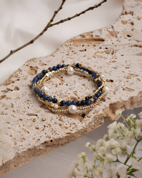 Set/3 Gem and Pearl Miyuki Stretch Bracelets (Lapis Lazuli)