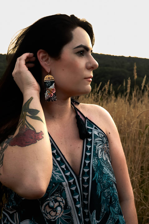 Beaded Handwoven Moonlit Moth Fringe Earrings (Black)