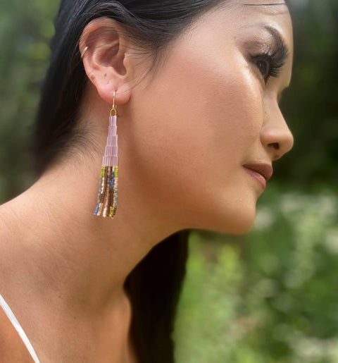 Beaded Handwoven Abstract Fringe Earrings (Lilac)