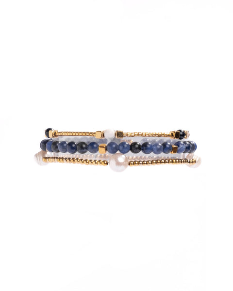 Set/3 Gem and Pearl Miyuki Stretch Bracelets (Lapis Lazuli)