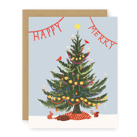 Yule Tree Greeting Card - Woodland Creatures Christmas Tree